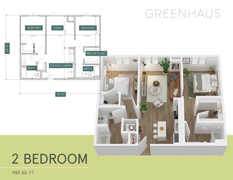 Floor plan for 2 beds, 2 baths, 980 sqft
